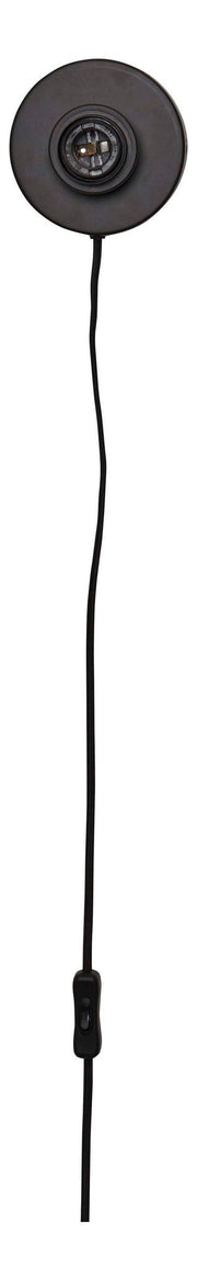 Wandleuchte Cango von Good&Mojo in Schwarz: runde Metallscheibe mit Fassung, schwarzes Kabel mit Schalter, weißer Hintergrund.