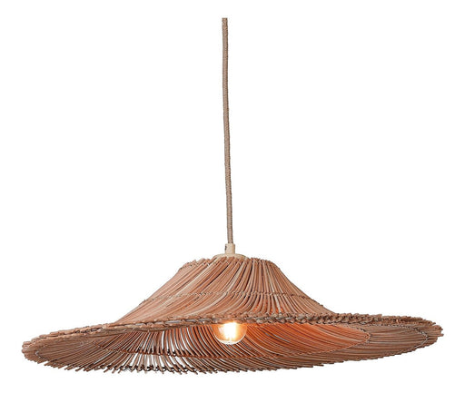 Hängeleuchte Cancun von Good&Mojo aus Rattan in Natur mit schirmförmigem Geflecht und sichtbarer Glühbirne.
