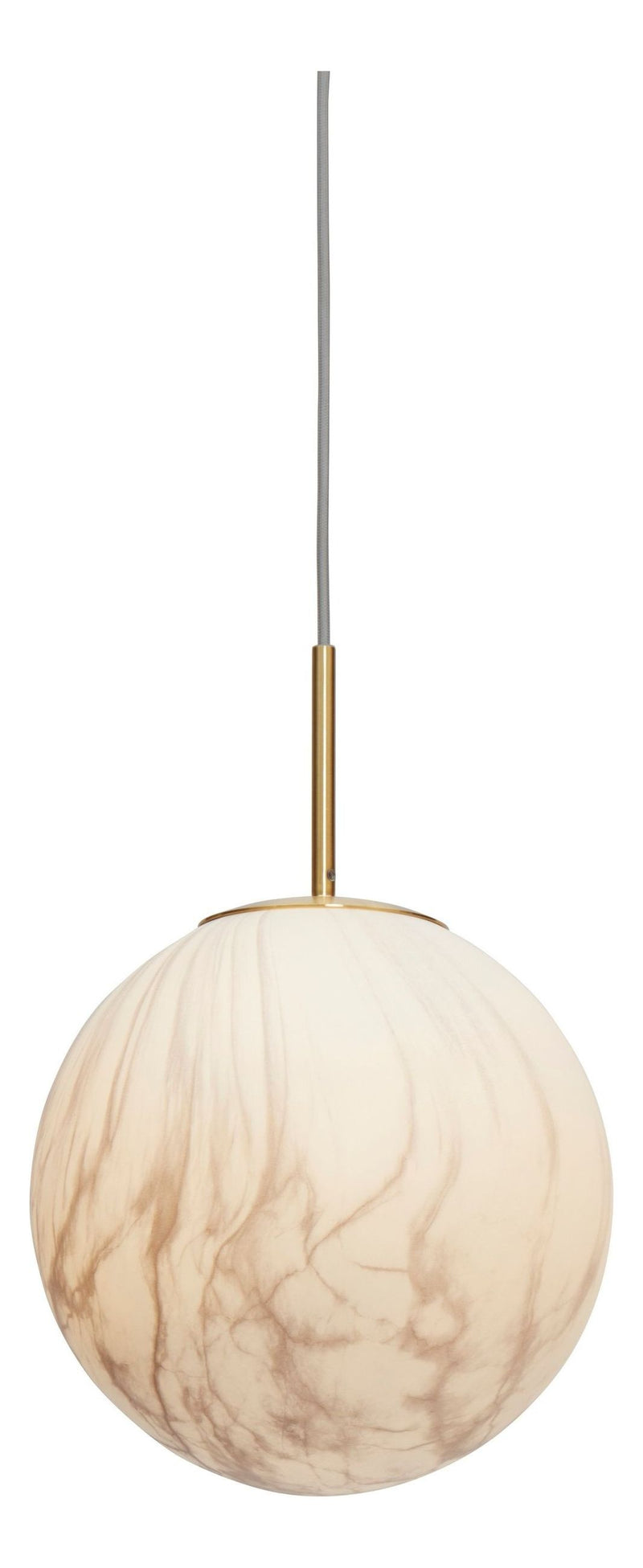 Pendelleuchte It's about RoMi Carrara mit marmoriertem Glasschirm in Weiß-Beige, goldfarbener Stange und grauem Kabel.