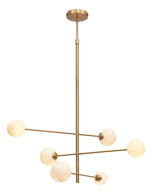 Die Hängeleuchte RoMi Carrara in Gold und Rauchglas: Gesamtansicht mit goldenen Armen und sechs marmorierten Glaskugeln.
