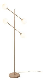 Stehleuchte in Beige mit einem Metallstab und vier weißen Glaskugeln, die auf zwei seitlichen Armen angeordnet sind.