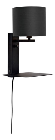Schwarze Wandleuchte Florence mit rundem Stoffschirm, Schalter und Metallablage.