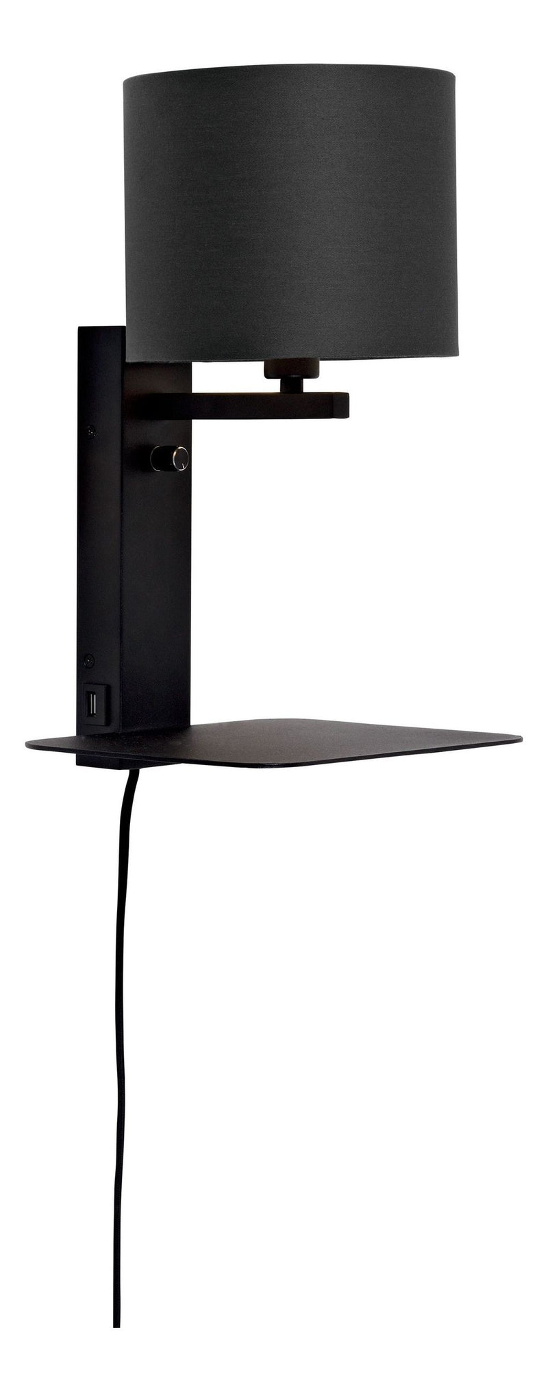 Schwarze Wandleuchte Florence mit rundem Stoffschirm, Schalter und Metallablage.