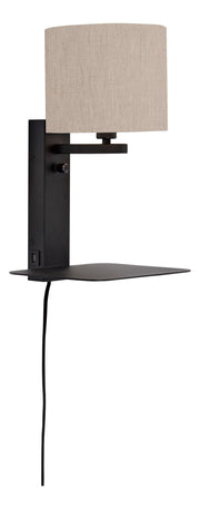 RoMi Wandleuchte Florence mit Ablage, USB und Stoffschirm: schwarze Metallwandleuchte mit hellem Leinenschirm und seitlicher Ablage.