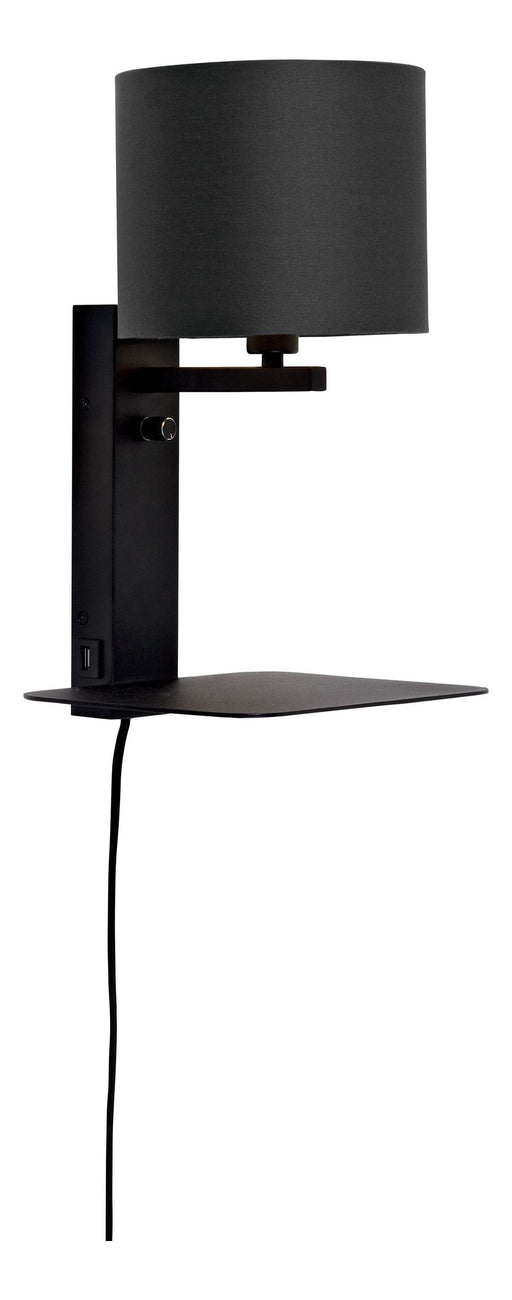 Schwarze Wandleuchte Florence mit rundem Stoffschirm, Schalter und Metallablage.