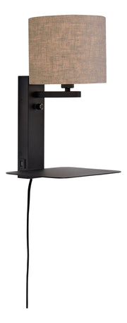 Wandleuchte RoMi Florence mit Ablage: schwarzes Metall, dunkelbrauner Leinenschirm und Schalter.