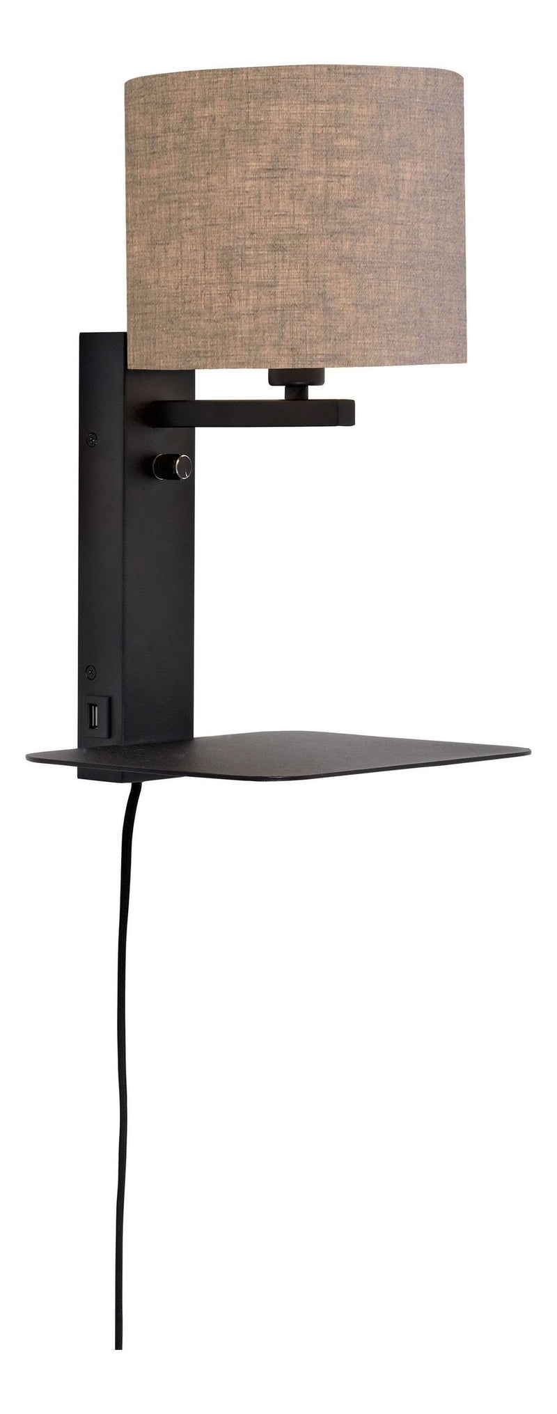 Wandleuchte RoMi Florence mit Ablage: schwarzes Metall, dunkelbrauner Leinenschirm und Schalter.