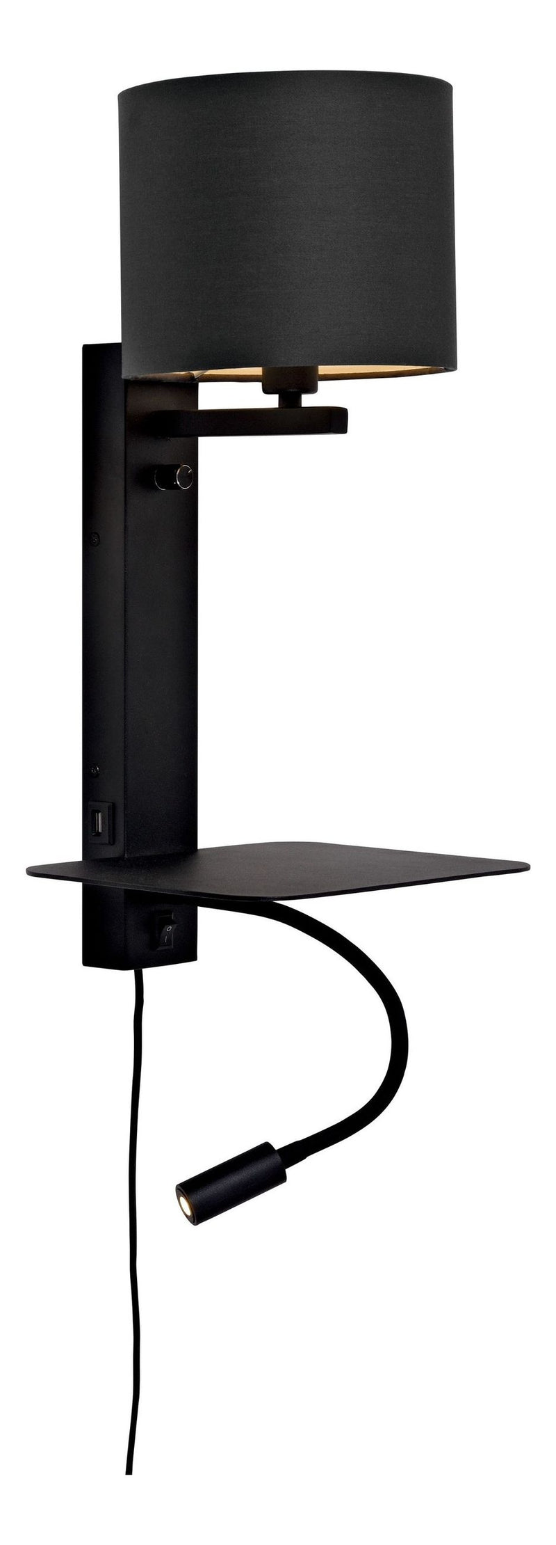 Schwarze RoMi Wandleuchte Florence mit Stoffschirm, flexiblem Leselampen-Arm und Ablageboden.