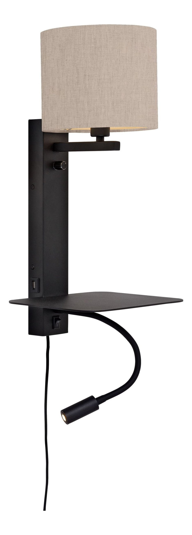 RoMi Wandleuchte Florence mit Ablage und USB-Anschluss: schwarzes Metallgestell, heller Leinenschirm, flexible Leselampe.