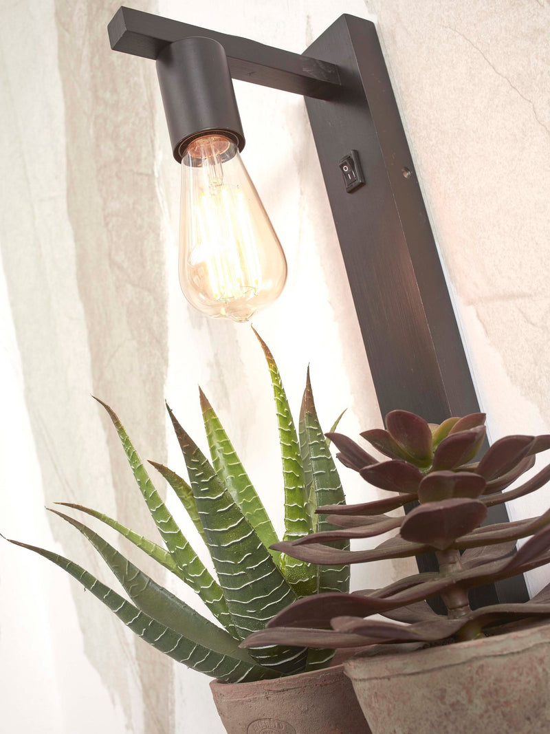 Schwarze Wandleuchte Flores mit Bambusgestell, Glühlampe mit Schalter an der Wandhalterung, Pflanzen im Vordergrund