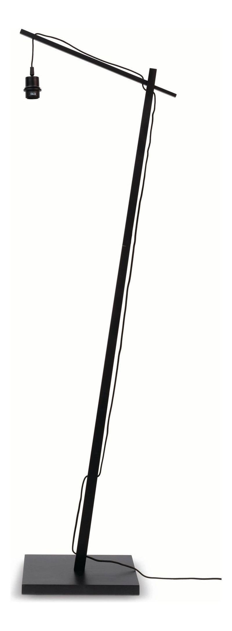 Stehleuchte Ibiza von Good&Mojo aus schwarzem Bambus mit schräg geneigtem Ausleger auf quadratischem Fuß.
