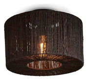 Runde schwarze Deckenleuchte Iguazu von Good&Mojo mit geflochtenem Jute-Schirm und brennender Glühbirne.