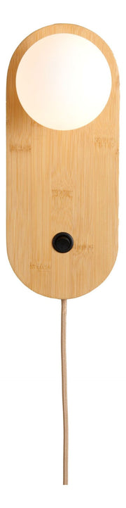 Wandleuchte Java von Good&Mojo aus Bambus mit weißem Glasschirm, Kabel und Schalter in Naturfarbe