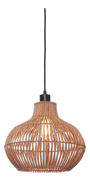 Good&Mojo Hängeleuchte Kalahari aus Rattan und Eisen in Natur: bauchiger Rattan-Schirm mit schwarzem Kabel, eingeschaltet als warmes Licht.