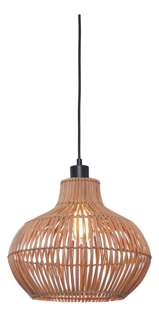 Good&Mojo Hängeleuchte Kalahari aus Rattan und Eisen in Natur: bauchiger Rattan-Schirm mit schwarzem Kabel, eingeschaltet als warmes Licht.
