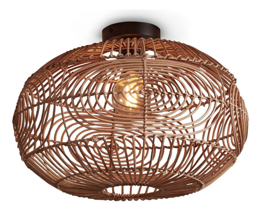 Deckenleuchte Madeira von Good&Mojo mit ovalem Geflecht aus Rattan in Naturtönen und dunklem Eisenbaldachin.