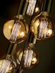 Die Alt-Text-Vorlage enthält einen englischen Satzanfang ("It's about"), der auf Deutsch geschrieben werden muss. Hier die gekürzte deutsche Fassung: RoMi Hängeleuchte Oslo/H7 in Schwarz: Detailansicht mehrerer Edison-Glühlampen mit schwarzen Fassungen und