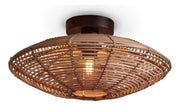 Deckenleuchte Good&Mojo Tanami mit rundem Rattan-Geflechtschirm in Natur und dunklem Eisen-Baldachin, Gesamtansicht.