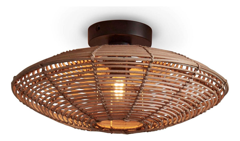 Deckenleuchte Good&Mojo Tanami mit rundem Rattan-Geflechtschirm in Natur und dunklem Eisen-Baldachin, Gesamtansicht.