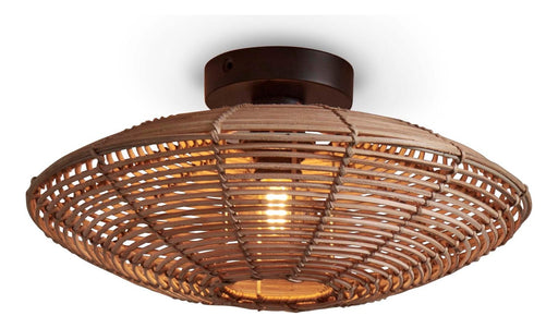 Deckenleuchte Good&Mojo Tanami mit rundem Rattan-Geflechtschirm in Natur und dunklem Eisen-Baldachin, Gesamtansicht.