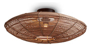 Deckenleuchte Tanami mit rundem, geflochtenem Rattan-Schirm in Natur und dunklem Metall-Baldachin, Gesamtansicht.