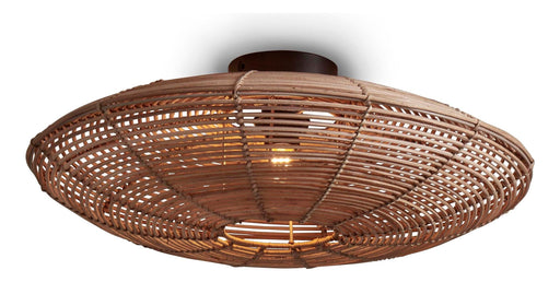 Deckenleuchte Tanami mit rundem, geflochtenem Rattan-Schirm in Natur und dunklem Metall-Baldachin, Gesamtansicht.