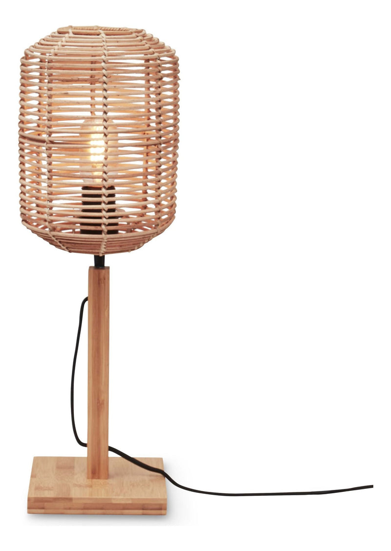 Good&Mojo Tischleuchte Tanami aus Bambus und Rattan in Natur: Gesamtansicht mit zylindrischem Rattan-Geflechtschirm auf Bambusfuß.