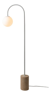 Stehleuchte RoMi Tivoli in Weiß mit weißer Metallstange, opalem Glasschirm und Travertin-Sockel, Gesamtansicht vor weißem Hintergrund.