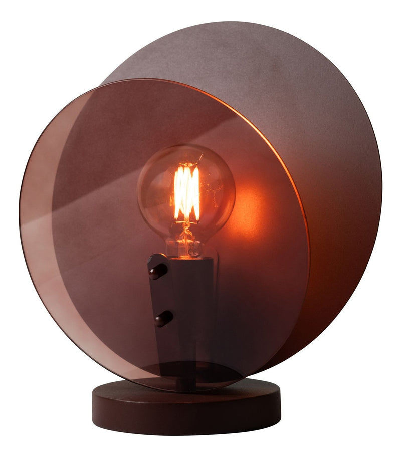 Runde Tischleuchte RoMi Toledo mit braunem Glasschirm, sichtbarer Glühlampe und dunklem Metallsockel.