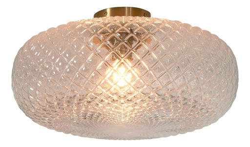 Deckenleuchte RoMi Venice: klarer, oval gewölbter Glasschirm mit Rautenprägung und goldfarbener Montageplatte.