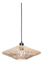 Hängeleuchte Zanzibar von Good&Mojo mit geflochtenem Rattanschirm in Naturfarbe und schwarzem Eisenkabel und -gestell.