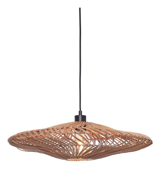 Good&Mojo Hängeleuchte Zanzibar in Natur: flacher Rattanschirm mit schwarzem Kabel und dunklem Metallaufhänger, leuchtet im Inneren.