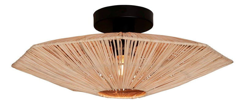 Deckenleuchte Panama Raffia Octogon S: achteckiger Schirm aus geflochtenem Raffia mit schwarzem Metallgestell.