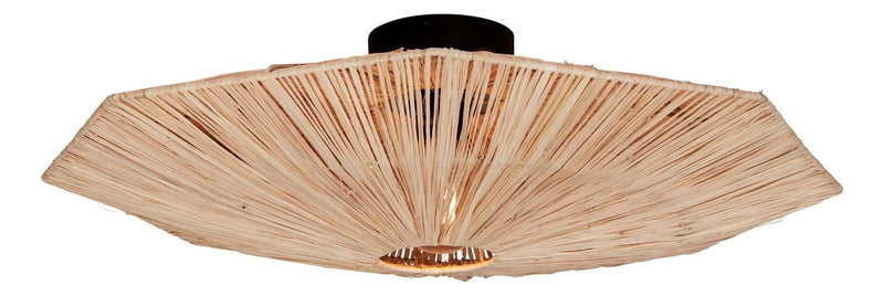 Deckenleuchte Panama von Good&Mojo mit schirmförmigem Raffia-Geflecht in natürlichem Braun und schwarzem Eisengestell.
