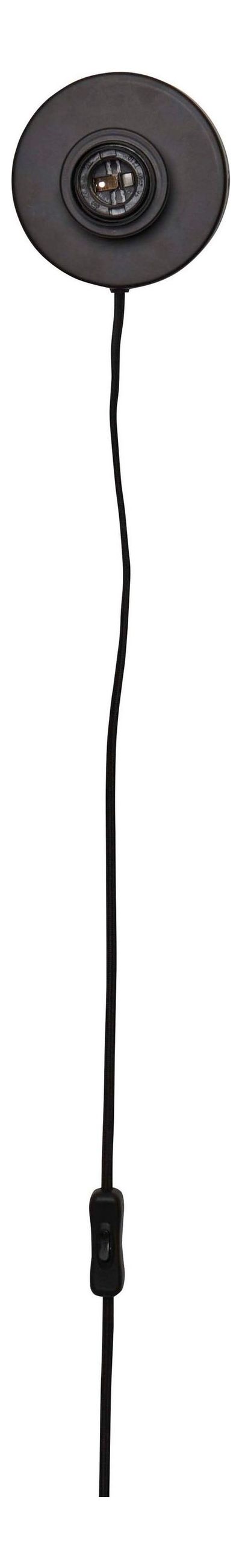 Wandleuchte Panama in Schwarz mit rundem Metallgehäuse, Lampenfassung und langem Kabel mit Schalter, Detailansicht.